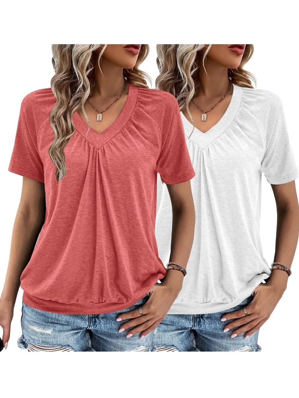 Casual V-Neck Short Sleeve Top - Red & White 2PACK